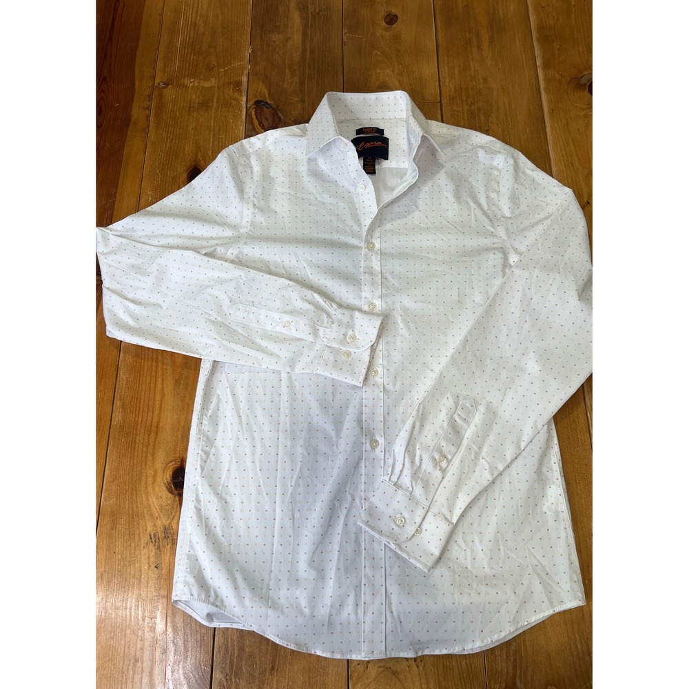 Egara Mens Skinny Fit Stretch Dress Shirt White Orange Dash Print 15 34/35